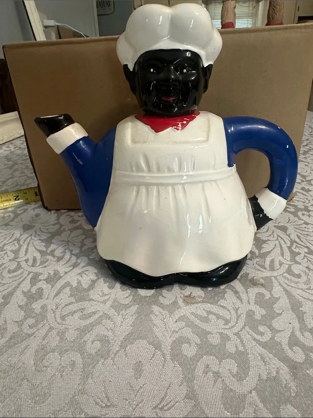Ceramic Chef Teapot Figurine in White Apron and Blue Jacket